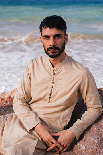 'Sand Brown' Embroidered Kurta Pajama